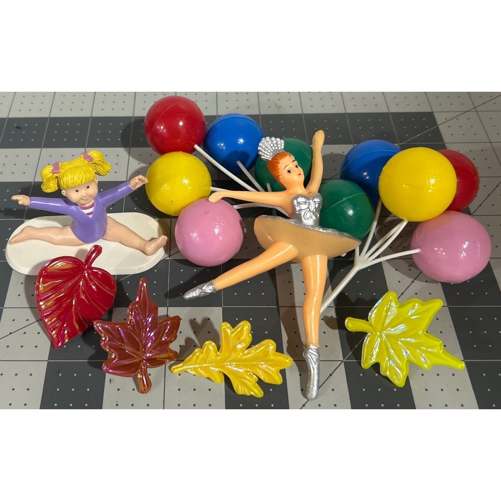 Vintage Cake Topper Lot Ballerina Gymnast Balloon Cluster Iridescent Fall Leaves